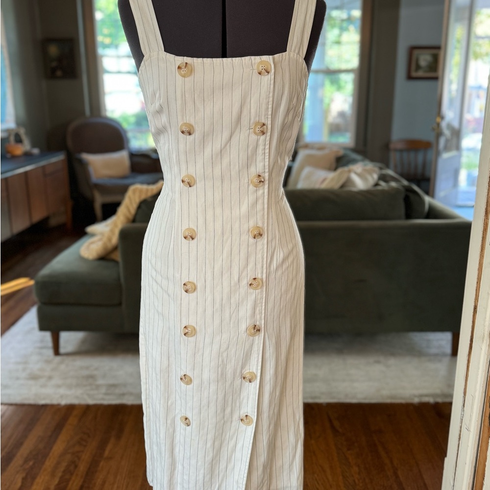 Reformation Cream Pinstripe Double-Column Button Midi Dress